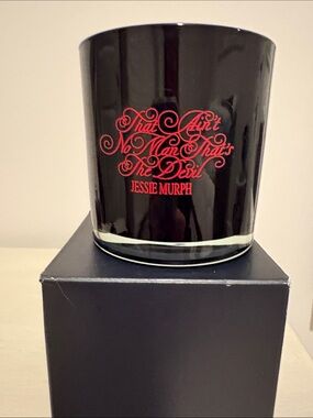 Black Glass Decorative Vessel with Red Script Accent